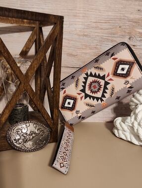 Aztec Print Zip Wallet in Beige and Black